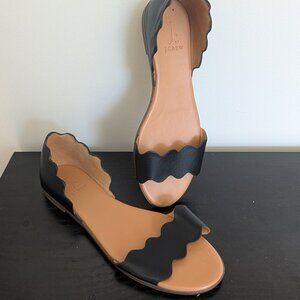 Black Leather Scalloped Peep Toe Flats 8 Slip On Shoe J. by J Crew